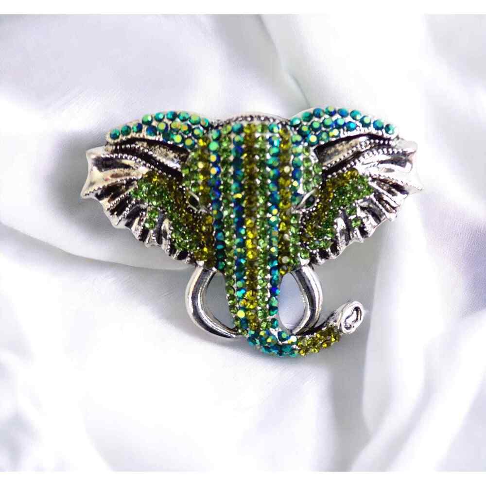 Elephant Brooch/Pendant Pave' Green Rhinestones Trunk Up Good Luck Vintage